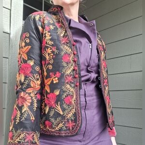 Norm Thompson 100% Silk Embroidered Floral Tapestry Mandarin Collar Jacket Large